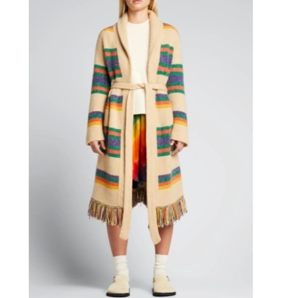 THE ELDER STATESMAN Striped Cashmere Blanket Fringe Robe Coat Medium